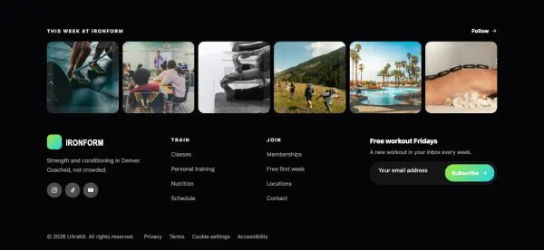 Footer 57 section — Gym · black class photo row