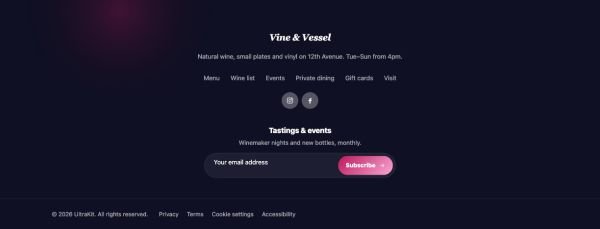 Footer 59 section — Wine bar · dark centered italic
