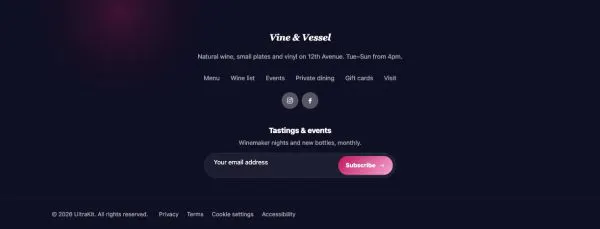 Footer 59 section — Wine bar · dark centered italic