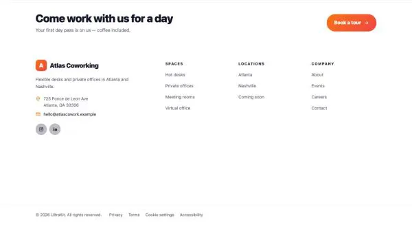 Footer 62 section — Coworking · light mega with tour CTA