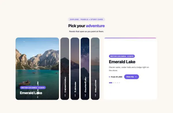 Gallery 15 section — Image Accordion · Panels + story card