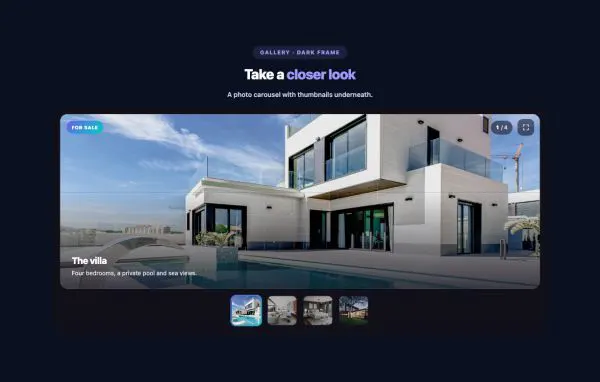 Gallery 17 section — Image Carousel w/ Thumbnail · Dark Frame