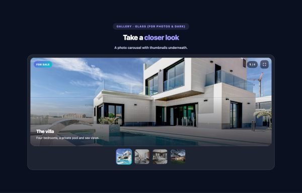Gallery 19 section — Image Carousel w/ Thumbnail · Glass (for photos & dark)
