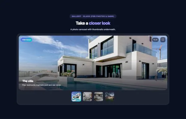 Gallery 19 section — Image Carousel w/ Thumbnail · Glass (for photos & dark)