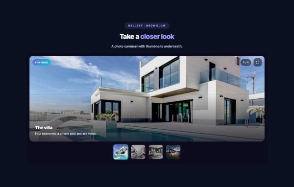 Gallery 20 section — Image Carousel w/ Thumbnail · Neon Glow