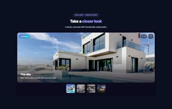 Gallery 20 section — Image Carousel w/ Thumbnail · Neon Glow