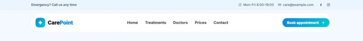 Clinic · top bar with hours and contact