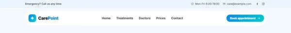 Header 09 section — Clinic · top bar with hours and contact