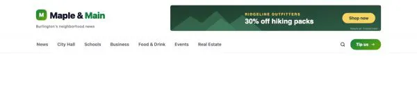 Header 28 section — Local news · 728×90 banner ad in the header
