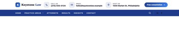Header 53 section — Law firm · contact blocks + navy menu bar