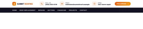 Header 55 section — Roofing contractor · dark bar, orange accent