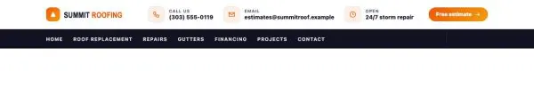 Header 55 section — Roofing contractor · dark bar, orange accent