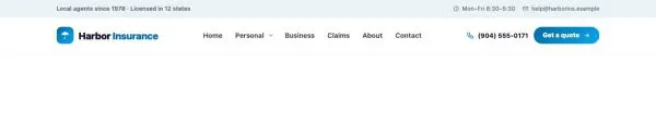 Header 57 section — Insurance agency · top bar with hours