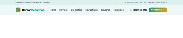 Header 68 section — Pediatric clinic · soft top bar with hours