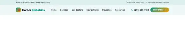 Header 68 section — Pediatric clinic · soft top bar with hours