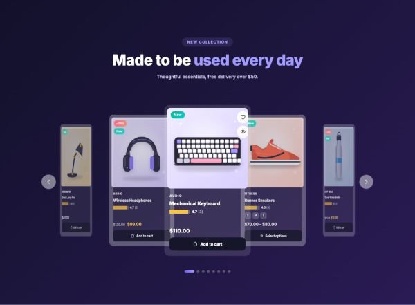 Hero 08 section — Shop hero · 3D product carousel
