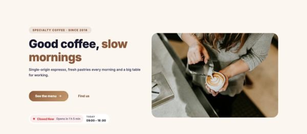Hero 28 section — Café · warm split