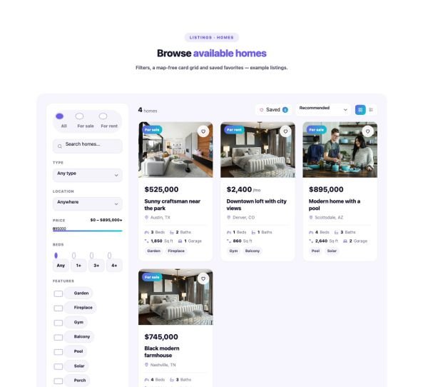 Listings 01 section — Listings & Filters · Homes · Soft tint