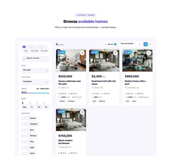 Listings 01 section — Listings & Filters · Homes · Soft tint