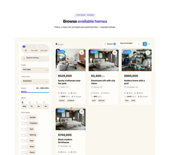 Listings 02 section — Listings & Filters · Homes · Warm sand