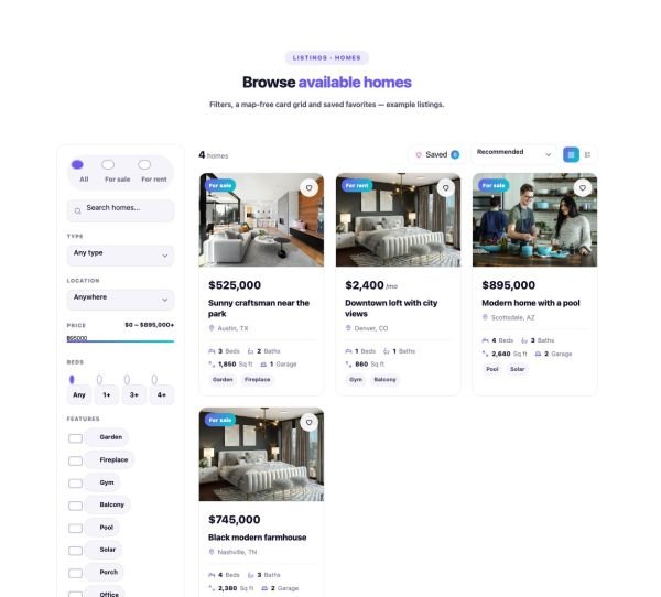 Listings 03 section — Listings & Filters · Homes · Light