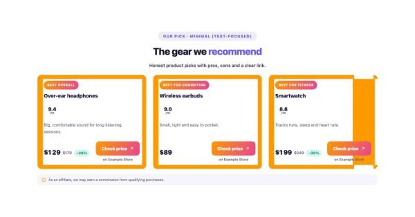 Marketing 24 section — Affiliate Product Card · Minimal (text-focused)