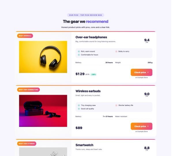 Marketing 25 section — Affiliate Product Card · Top pick review box