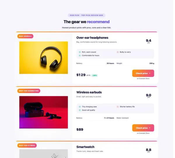 Marketing 25 section — Affiliate Product Card · Top pick review box
