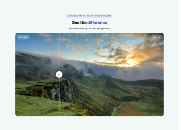 Media 07 section — Before/After Video Compare · Flat → color graded