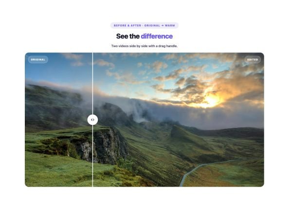 Media 10 section — Before/After Video Compare · Original → warm