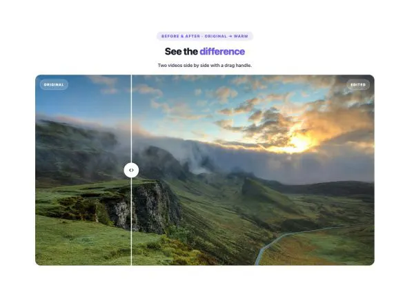 Media 10 section — Before/After Video Compare · Original → warm