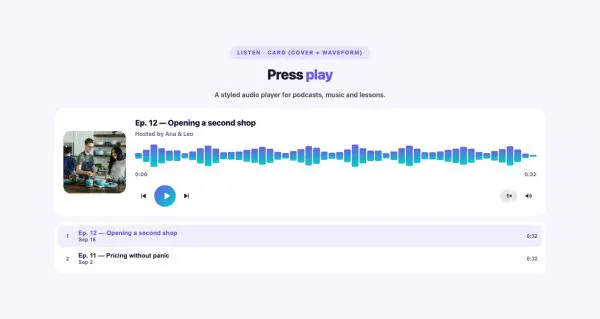 Media 11 section — Audio Player Pro · Card (cover + waveform)