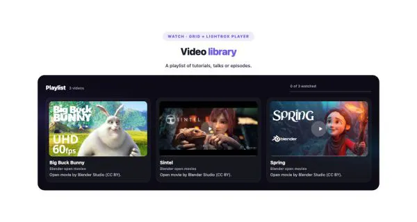 Media 21 section — Video Playlist · Grid + lightbox player