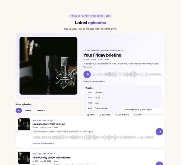 Media 23 section — Podcast Episodes · Latest episode big + list