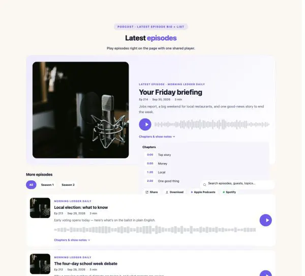 Media 23 section — Podcast Episodes · Latest episode big + list