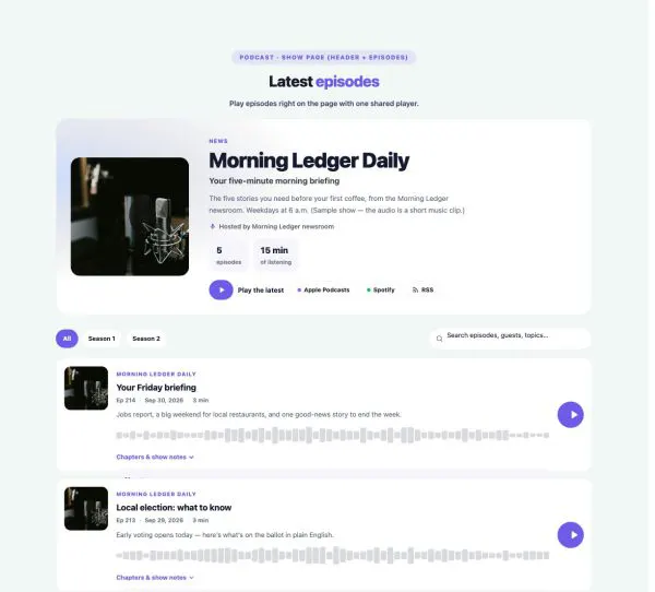 Media 24 section — Podcast Episodes · Show page (header + episodes)