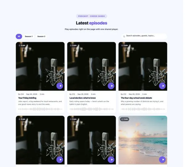 Media 25 section — Podcast Episodes · Cover cards