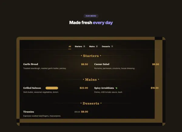 Menu 01 section — Restaurant menu · dotted leaders
