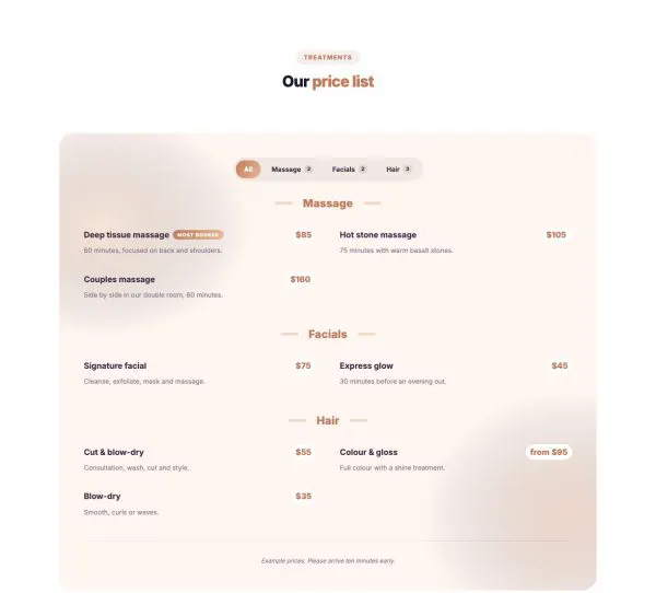 Menu 03 section — Spa & salon price list