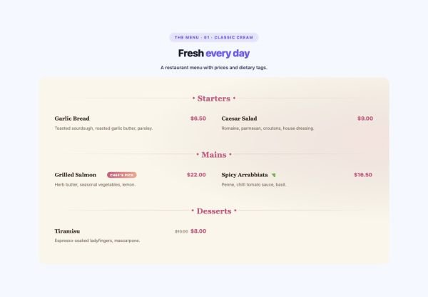 Menu 05 section — Price Menu · 01 · Classic Cream