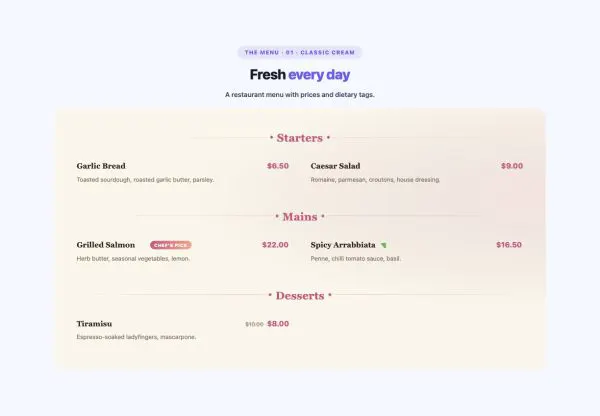 Menu 05 section — Price Menu · 01 · Classic Cream