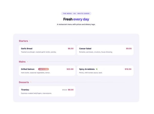 Menu 06 section — Price Menu · 04 · White Cards
