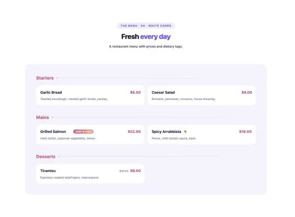 Menu 06 section — Price Menu · 04 · White Cards