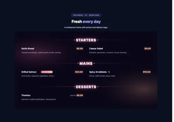 Menu 07 section — Price Menu · 07 · Neon Bar