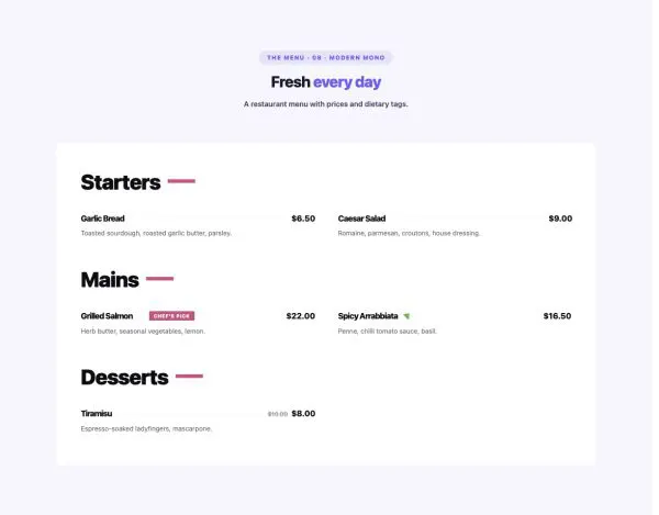 Menu 08 section — Price Menu · 08 · Modern Mono