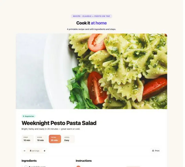 Menu 09 section — Recipe Card · Classic — photo on top