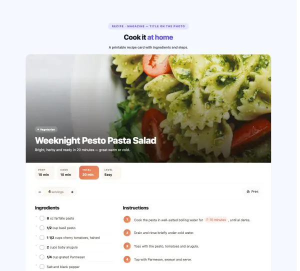 Menu 11 section — Recipe Card · Magazine — title on the photo