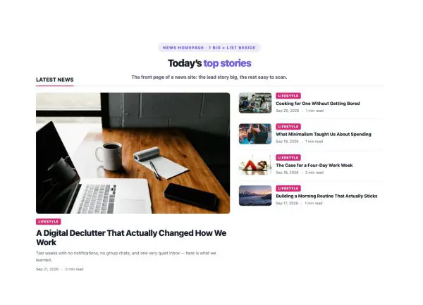 News & Magazine 01 section — Magazine Blocks · 1 big + list beside