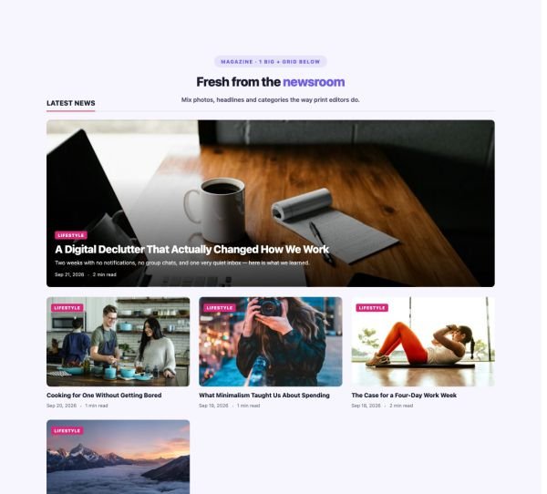 News & Magazine 02 section — Magazine Blocks · 1 big + grid below