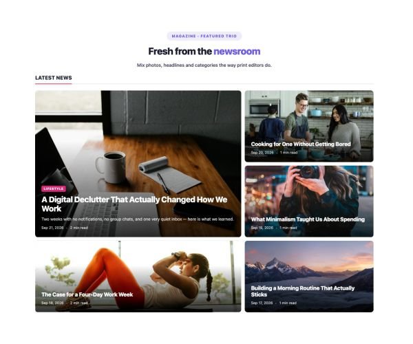 News & Magazine 06 section — Magazine Blocks · Featured trio